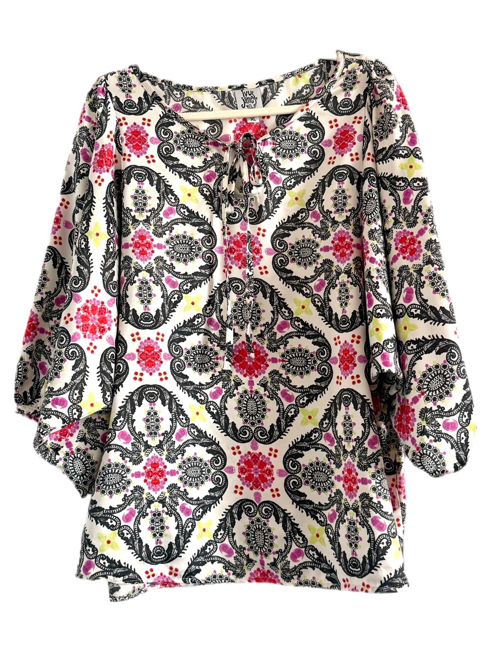 ivy jane Cream Floral Medallion Tie-Neck Blouse with Pink & Yellow Accents